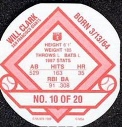 1988 Key Food Iced Tea Discs #10 Will Clark Back