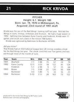 1995 Rochester Red Wings #21 Rick Krivda Back