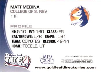 2010 Juco World Series Southern Nevada Coyotes #NNO Matt Medina Back