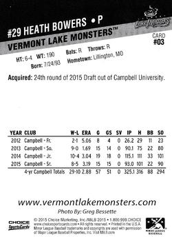 2015 Choice Vermont Lake Monsters #3 Heath Bowers Back