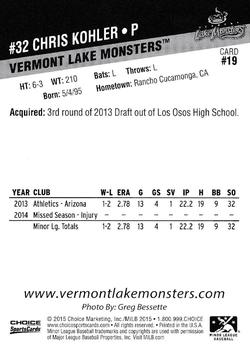 2015 Choice Vermont Lake Monsters #19 Chris Kohler Back