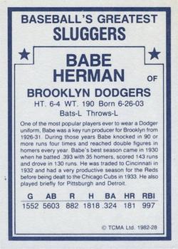 1982 TCMA Baseball's Greatest Sluggers (White Back) #28 Babe Herman Back