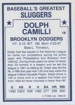1982 TCMA Baseball's Greatest Sluggers (White Back) #34 Dolph Camilli Back