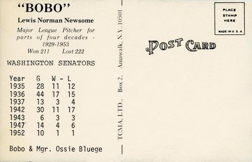 1973 TCMA Bobo Newsom Postcards #NNO Ossie Bluege / Bobo Newsom Back