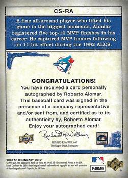 2008 SP Legendary Cuts - Classic Signatures #CS-RA Roberto Alomar Back