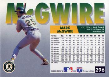 1993 Fleer #296 Mark McGwire Back