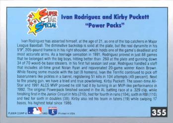 1993 Fleer #355 Power Packs (Ivan Rodriguez / Kirby Puckett) Back