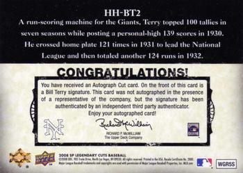 2008 SP Legendary Cuts - Headliners and Heroes Cut Signatures #HH-BT2 Bill Terry Back