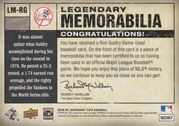 2008 SP Legendary Cuts - Legendary Memorabilia Gray #LM-RG Ron Guidry Back