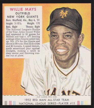 1989 Card Collectors Company 1952 Red Man Tobacco Reprint #NL15 Willie Mays Front