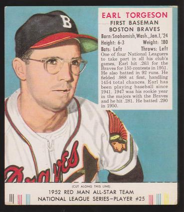 1989 Card Collectors Company 1952 Red Man Tobacco Reprint #NL25 Earl Torgeson Front