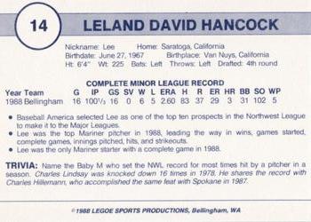1988 Legoe Bellingham Mariners #14 Lee Hancock Back