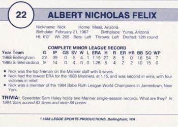 1988 Legoe Bellingham Mariners #22 Nick Felix Back