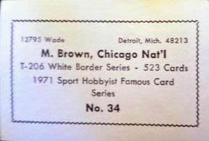 1971 Sports Hobbyist Famous Card Series #34 Mordecai Brown Back