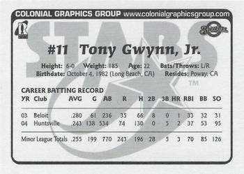 2005 Huntsville Stars Team Issue #NNO Tony Gwynn Jr. Back