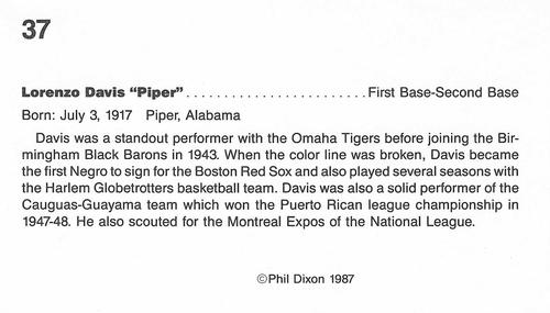 1987 Dixon's Negro Baseball Greats #37 Lorenzo Davis Back