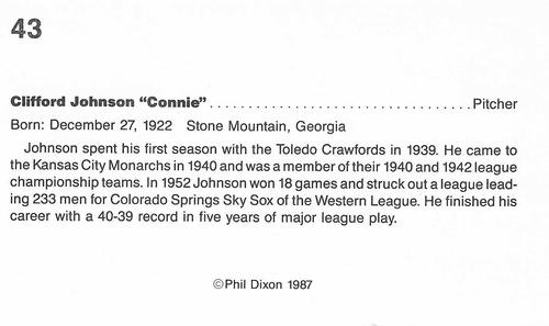1987 Dixon's Negro Baseball Greats #43 Connie Johnson Back