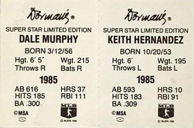 1986 Dorman's Super Stars - Panels #NNO Keith Hernandez / Dale Murphy Back