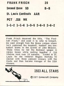 1977 Gamecraft Extra Innings 1933 All-Star Game #20 Frank Frisch Back