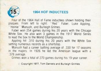 1977 Tom Daniels Burleigh Grimes #15 Red Faber / Luke Appling / Heinie Manush / Burleigh Grimes Back