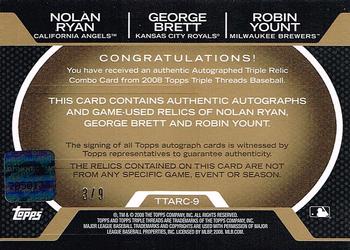2008 Topps Triple Threads - Relics Combos Autographs Gold #TTARC-9 Nolan Ryan / George Brett / Robin Yount Back