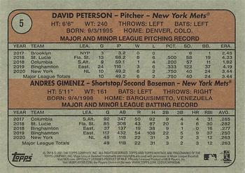 2021 Topps Heritage #5 Mets 2021 Rookie Stars (David Peterson / Andres Gimenez) Back