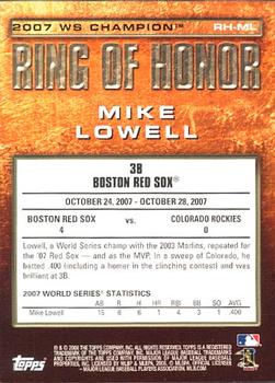 2008 Topps Updates & Highlights - Ring of Honor: World Series Champions #RH-ML Mike Lowell Back