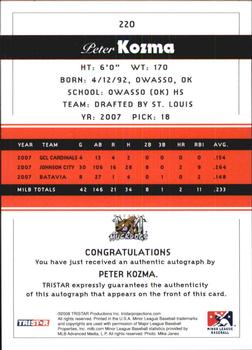 2008 TriStar PROjections - Autographs #220 Pete Kozma Back