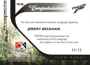 2008 TriStar Prospects Plus - Farm Hands Autographs Green #FHJB Jeremy Beckham Back