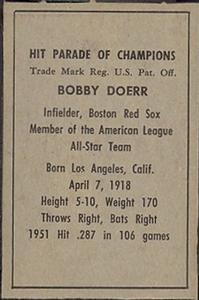 1952 Berk Ross #NNO Bobby Doerr Back