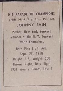 1952 Berk Ross #NNO Johnny Sain Back