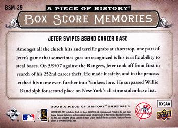 2008 Upper Deck A Piece of History - Box Score Memories #BSM-39 Derek Jeter Back