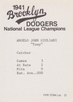1978 TCMA 1941 Brooklyn Dodgers - Blue Border #21 Angelo Giuliani Back