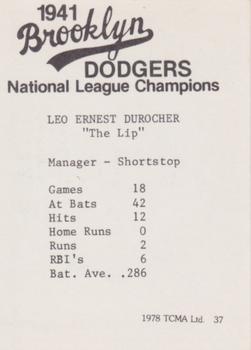 1978 TCMA 1941 Brooklyn Dodgers - Blue Border #37 Leo Durocher Back
