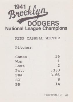 1978 TCMA 1941 Brooklyn Dodgers - Blue Border #41 Kemp Wicker Back