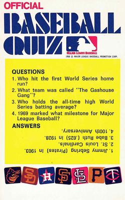 1972 Fleer Official Major League Patches - Official Baseball Quiz Cards #NNO Orioles-Twins, 4 questions Front