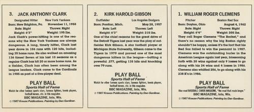 1988 Baseball Cards Magazine Repli-cards - Panels #1 / 2 / 3 Roger Clemens / Kirk Gibson / Jack Clark Back