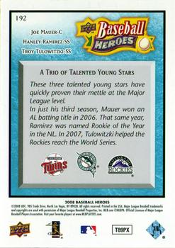 2008 Upper Deck Baseball Heroes - Light Blue #192 Joe Mauer / Hanley Ramirez / Troy Tulowitzki Back