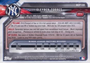 2018 Bowman - Chrome Prospects Canary Yellow Shimmer Refractor #BCP100 Gleyber Torres Back