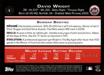 2009 Bowman - Blue #1 David Wright Back