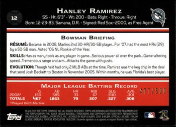 2009 Bowman - Blue #12 Hanley Ramirez Back
