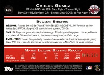 2009 Bowman - Blue #125 Carlos Gomez Back