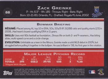 2009 Bowman - Gold #88 Zack Greinke Back