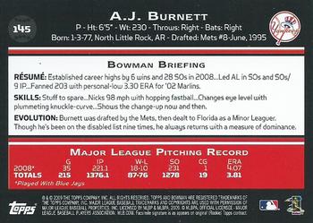 2009 Bowman - Gold #145 A.J. Burnett Back