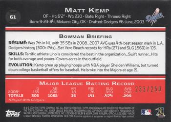 2009 Bowman - Orange #61 Matt Kemp Back