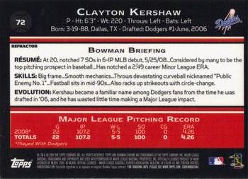 2009 Bowman Chrome - Refractors #72 Clayton Kershaw Back