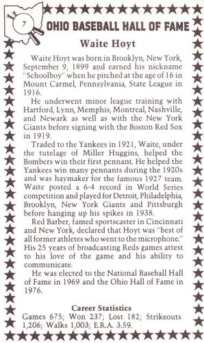 1982-91 Ohio Baseball Hall of Fame #7 Waite Hoyt Back