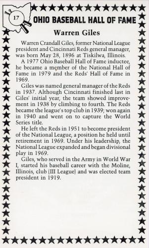 1982-91 Ohio Baseball Hall of Fame #17 Warren Giles Back