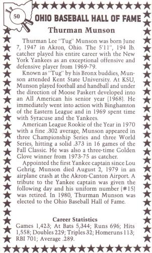 1982-91 Ohio Baseball Hall of Fame #50 Thurman Munson Back