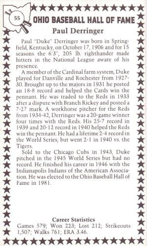 1982-91 Ohio Baseball Hall of Fame #55 Paul Derringer Back